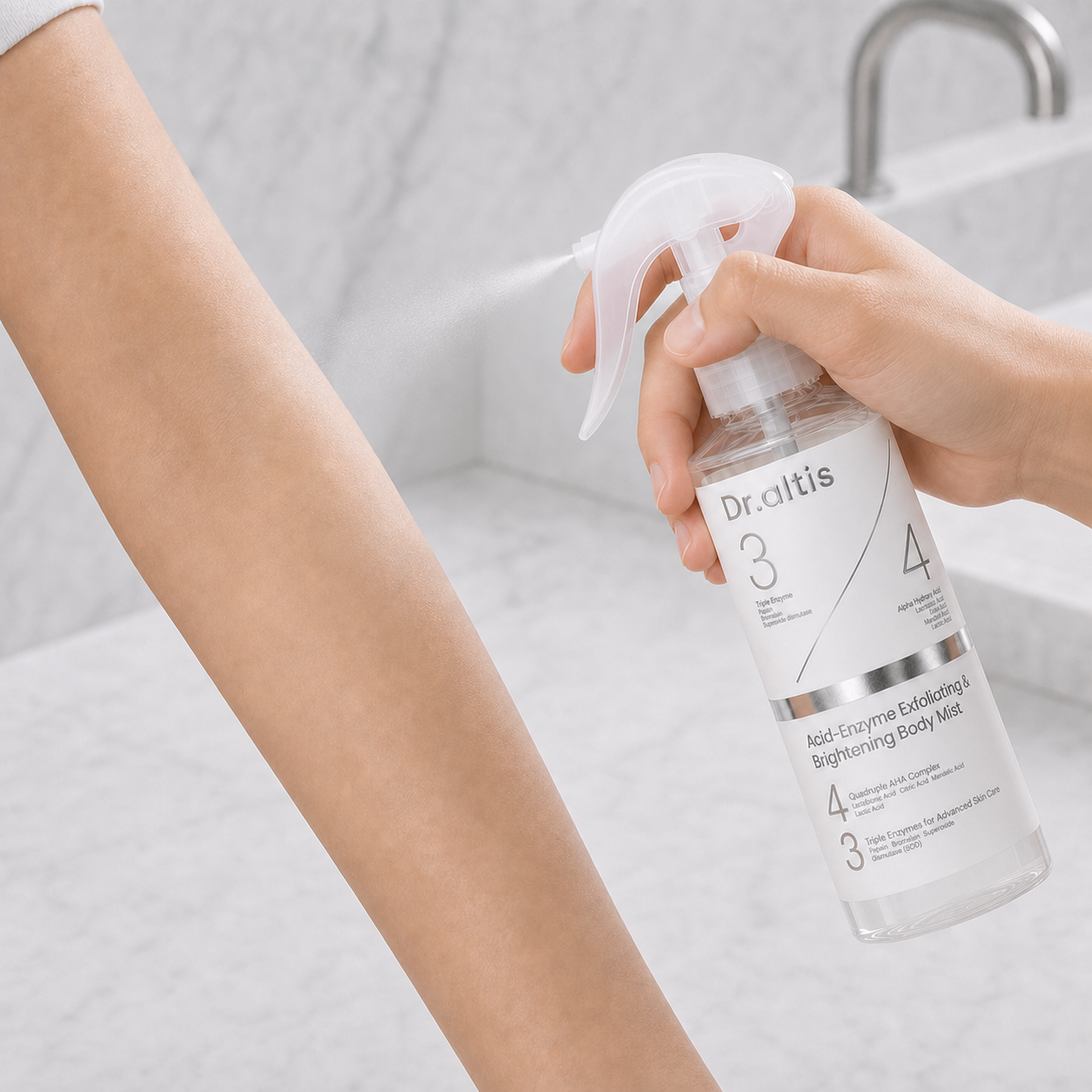 Dr.altis body mist applied lightly to clean, dry skin